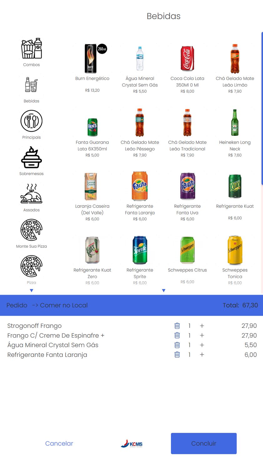 Tela real do KCMS Kiosk: categoria Bebidas com produtos e fotos, e pedido em montagem com total de R$ 67,30 para comer no local