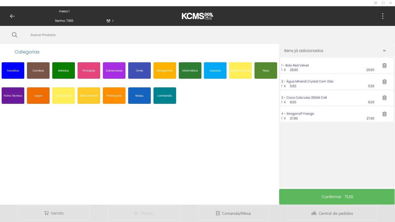 Tela real do KCMS POS no atendimento de mesa: categorias de produtos, itens já adicionados e os modos Venda, Pedido, Comanda/Mesa e Central de pedidos