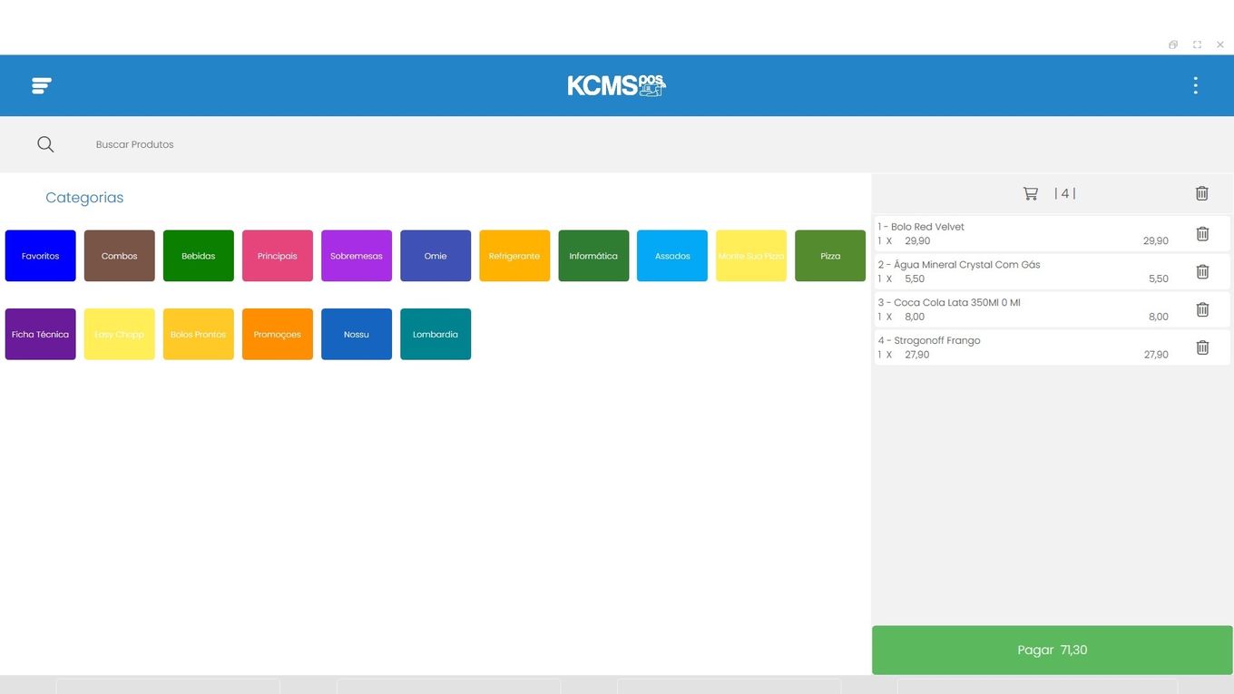 Tela real do KCMS POS: venda com categorias coloridas, busca de produtos, carrinho com quatro itens e botão Pagar